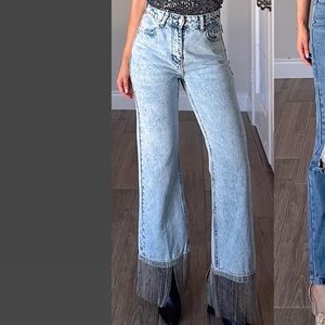 Silver fringe straight leg jeans no stretch fringe hem zip closure